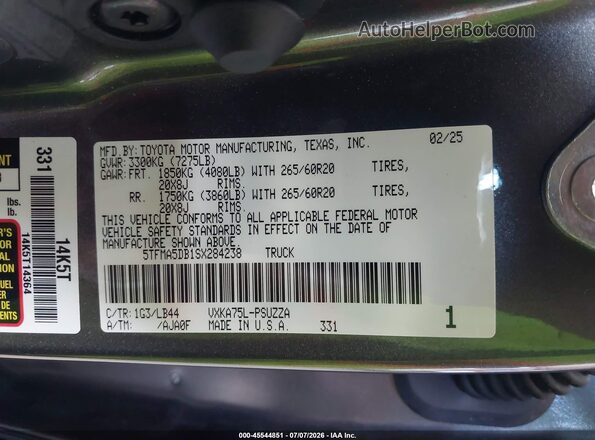 5TFMA5DB1SX284238 2025 TOYOTA TUNDRA Gray ძრავის განყოფილების ხედი