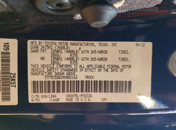 5TFMC5DB1NX002162 2022 TOYOTA TUNDRA Синий Вид подкапотного пространства