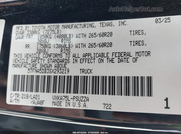 5TFNA5DB3SX293219 2025 TOYOTA TUNDRA Черный Вид подкапотного пространства