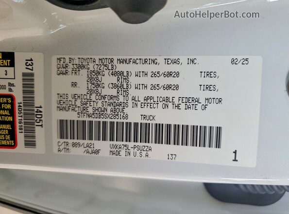 5TFNA5DB5SX285168 2025 TOYOTA TUNDRA Белый Вид наклейки с VIN-кодом