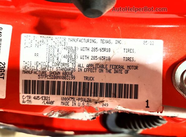 5TFPC5DB0NX003199 2022 TOYOTA TUNDRA Orange Вид наклейки з VIN-кодом