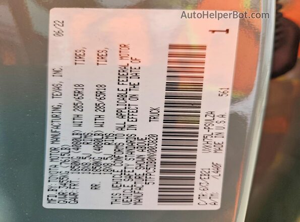 5TFPC5DB0NX003820 2022 TOYOTA TUNDRA Teal VIN კოდის სტიკერის ხედი