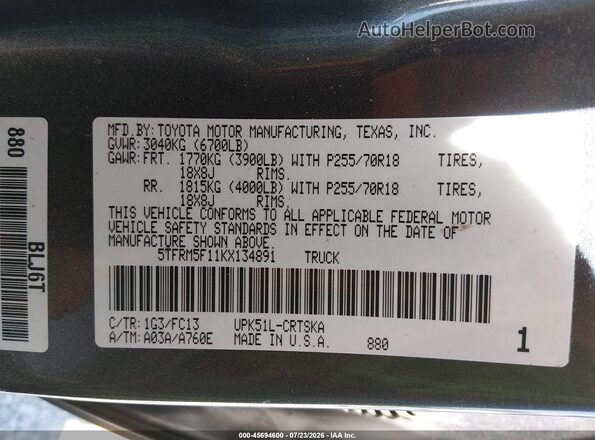 5TFRM5F11KX134891 2019 TOYOTA TUNDRA Gray Engine compartment view