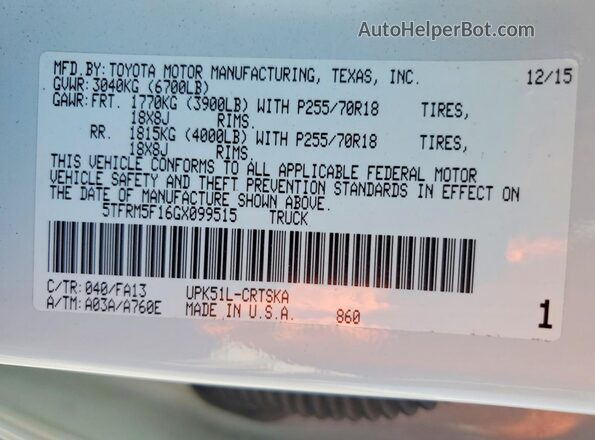 5TFRM5F16GX099515 2016 TOYOTA TUNDRA White VIN კოდის სტიკერის ხედი