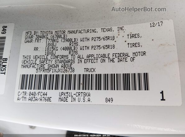 5TFRM5F1XJX126738 2018 TOYOTA TUNDRA White Вид підкапотного простору