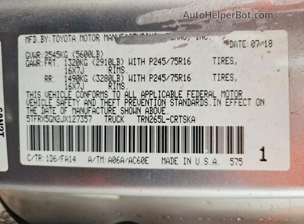 5TFRX5GN2JX127357 2018 TOYOTA TACOMA Silver Շարժիչի բաժամունքի տեսք