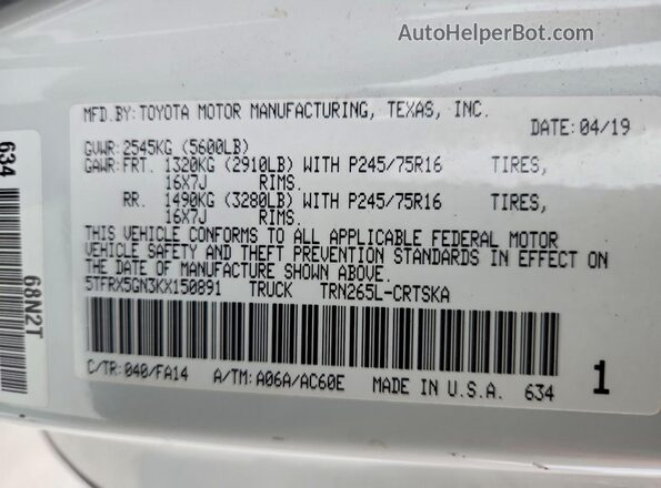 5TFRX5GN3KX150891 2019 TOYOTA TACOMA White Engine compartment view