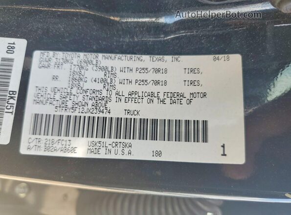 5TFRY5F12JX239474 2018 TOYOTA TUNDRA Black VIN კოდის სტიკერის ხედი