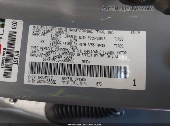 5TFRY5F13KX250968 2019 TOYOTA TUNDRA Gray Vista del compartimento del motor