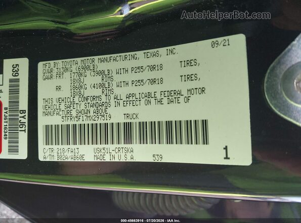 5TFRY5F17MX297519 2021 TOYOTA TUNDRA Черный Вид подкапотного пространства