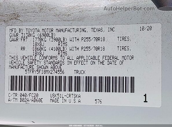 5TFRY5F18MX274556 2021 TOYOTA TUNDRA White Շարժիչի բաժամունքի տեսք
