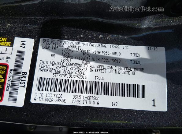 5TFRY5F19LX262916 2020 TOYOTA TUNDRA Gray Շարժիչի բաժամունքի տեսք
