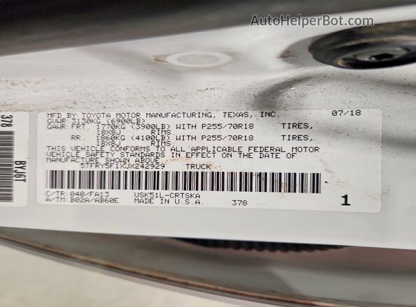 5TFRY5F1XJX242929 2018 TOYOTA TUNDRA White Вид підкапотного простору