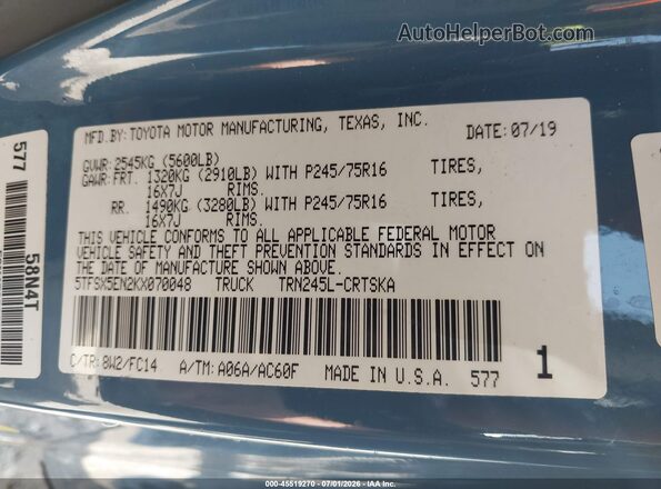 5TFSX5EN2KX070048 2019 TOYOTA TACOMA Blue Widok komory silnika