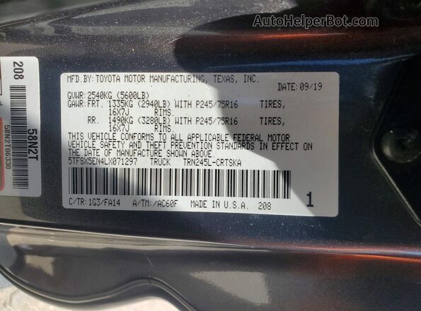 5TFSX5EN4LX071297 2020 TOYOTA TACOMA Gray Widok naklejki z numerem VIN
