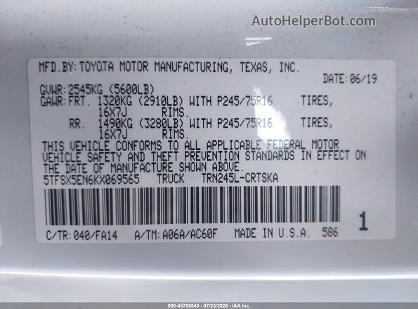 5TFSX5EN6KX069565 2019 TOYOTA TACOMA White ძრავის განყოფილების ხედი