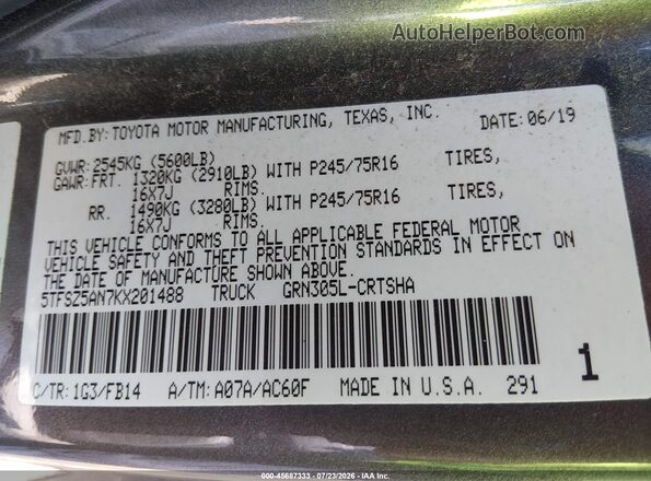5TFSZ5AN7KX201488 2019 TOYOTA TACOMA Gray Widok komory silnika