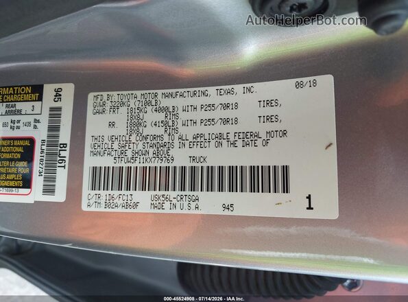 5TFUW5F11KX779769 2019 TOYOTA TUNDRA Silver Widok komory silnika