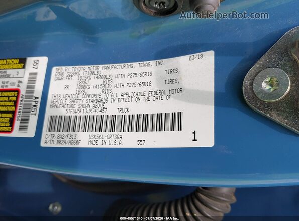 5TFUW5F13JX741457 2018 TOYOTA TUNDRA Blue Vista del compartimento del motor