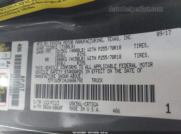 5TFUW5F14JX686792 2018 TOYOTA TUNDRA Gray Widok komory silnika