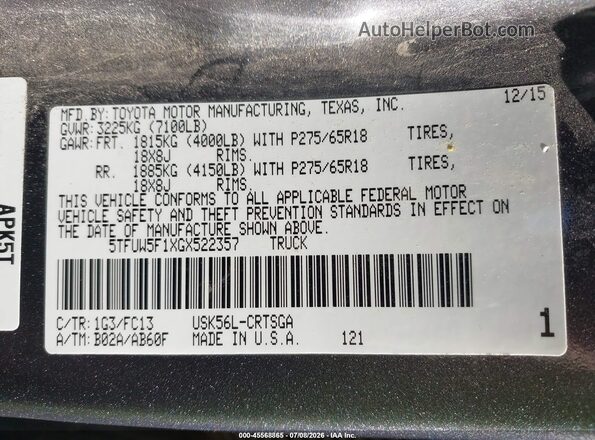 5TFUW5F1XGX522357 2016 TOYOTA TUNDRA Gray Вид підкапотного простору