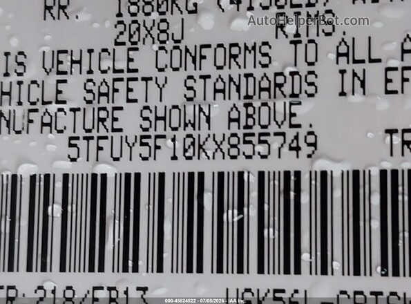 5TFUY5F10KX855749 2019 TOYOTA TUNDRA Black Widok komory silnika