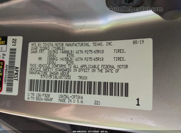 5TFUY5F10LX877252 2020 TOYOTA TUNDRA Silver VIN კოდის სტიკერის ხედი