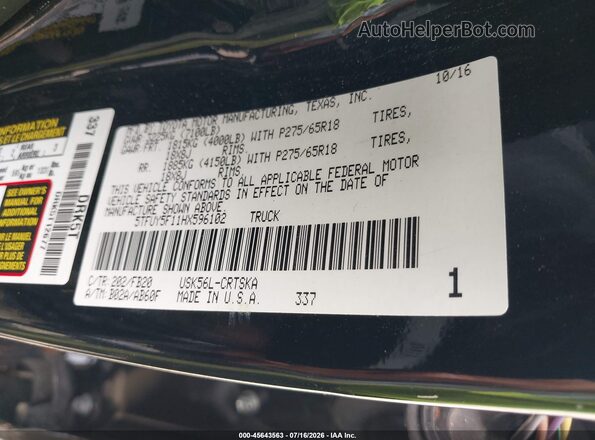 5TFUY5F11HX596102 2017 TOYOTA TUNDRA Black Engine compartment view