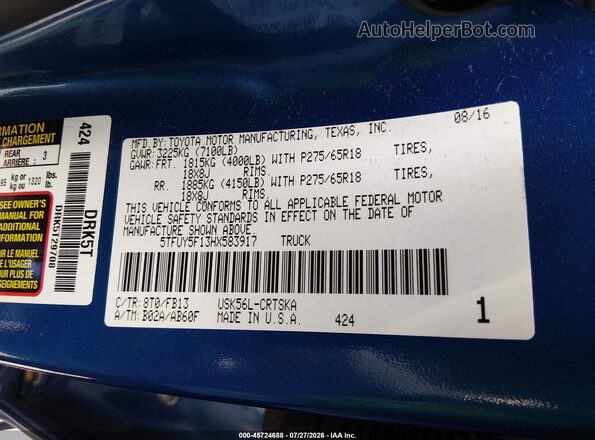 5TFUY5F13HX583917 2017 TOYOTA TUNDRA Blue ძრავის განყოფილების ხედი