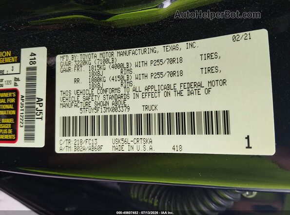 5TFUY5F13MX003379 2021 TOYOTA TUNDRA Black Widok komory silnika