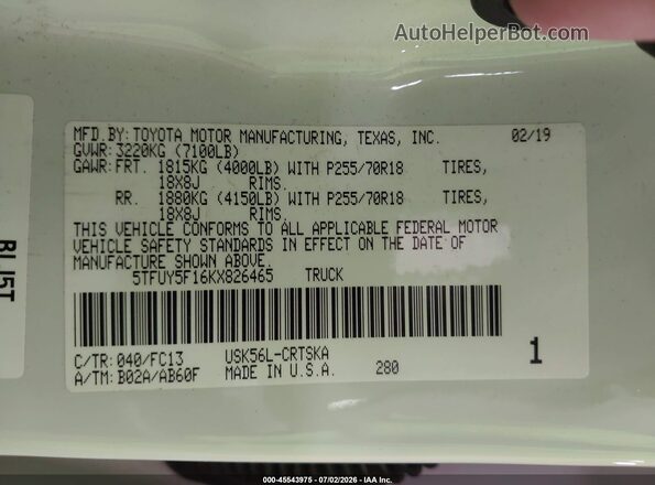 5TFUY5F16KX826465 2019 TOYOTA TUNDRA White ძრავის განყოფილების ხედი