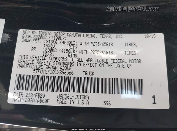 5TFUY5F18LX896566 2020 TOYOTA TUNDRA Black Vista del compartimento del motor