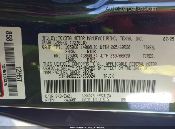 5TFWA5DB3SX330824 2025 TOYOTA TUNDRA Blue Vista del compartimento del motor