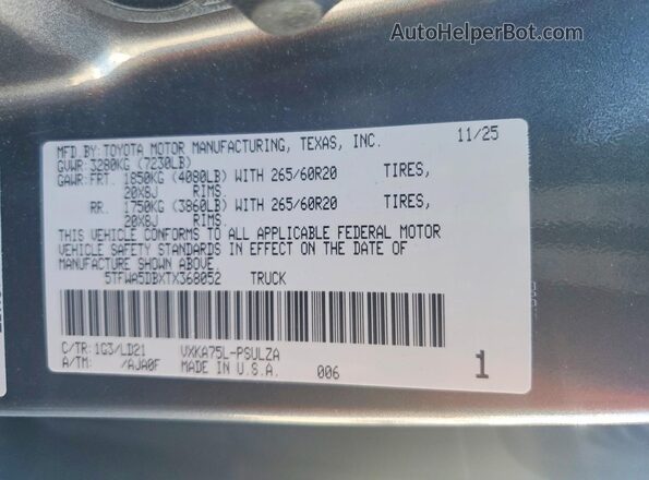 5TFWA5DBXTX368052 2026 TOYOTA TUNDRA Gray VIN կոդի պիտակի տեսք