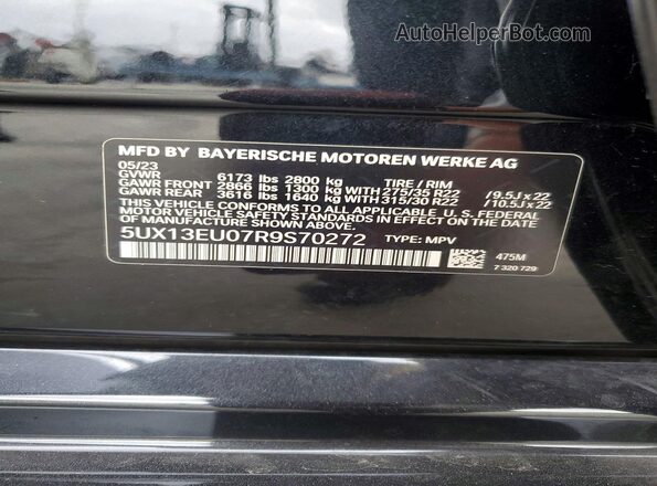 5UX13EU07R9S70272 2024 BMW X5 Black Vista de la etiqueta del VIN