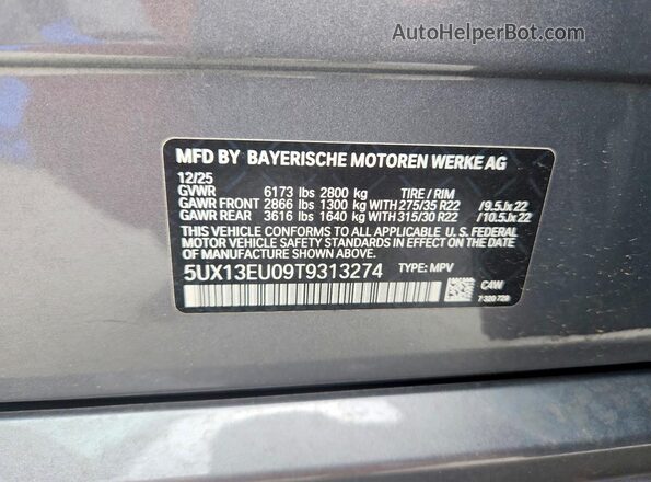 5UX13EU09T9313274 2026 BMW X5 Silver Widok naklejki z numerem VIN