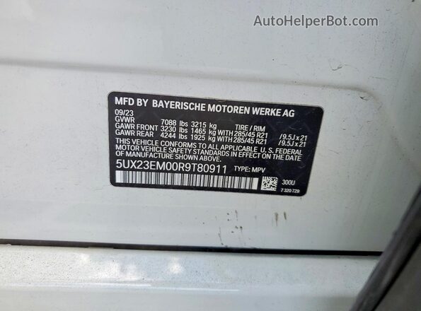 5UX23EM00R9T80911 2024 BMW X7 White Widok naklejki z numerem VIN