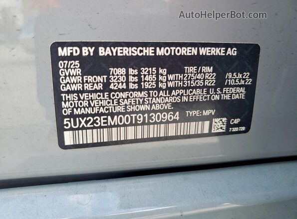 5UX23EM00T9130964 2026 BMW X7 Серый Вид наклейки с VIN-кодом