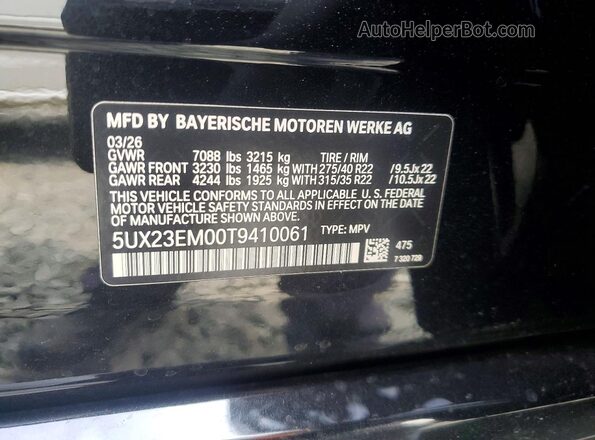5UX23EM00T9410061 2026 BMW X7 Black Vista de la etiqueta del VIN