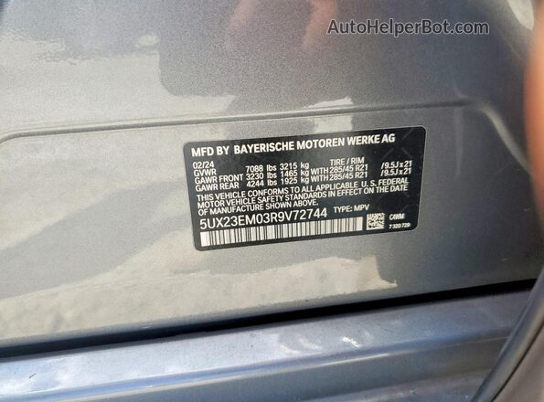 5UX23EM03R9V72744 2024 BMW X7 Silver VIN sticker view
