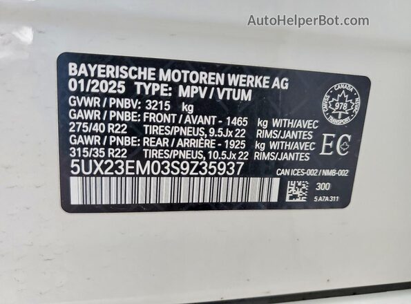5UX23EM03S9Z35937 2025 BMW X7 White Widok naklejki z numerem VIN