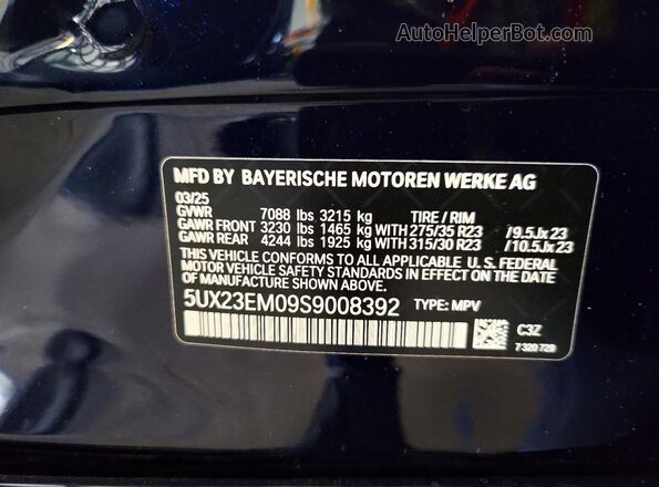 5UX23EM09S9008392 2025 BMW X7 Blue VIN կոդի պիտակի տեսք
