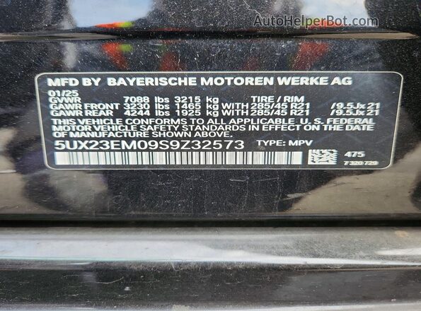 5UX23EM09S9Z32573 2025 BMW X7 Черный Вид наклейки с VIN-кодом