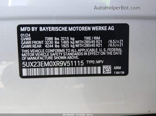 5UX23EM0XR9V51115 2024 BMW X7 White Вид підкапотного простору