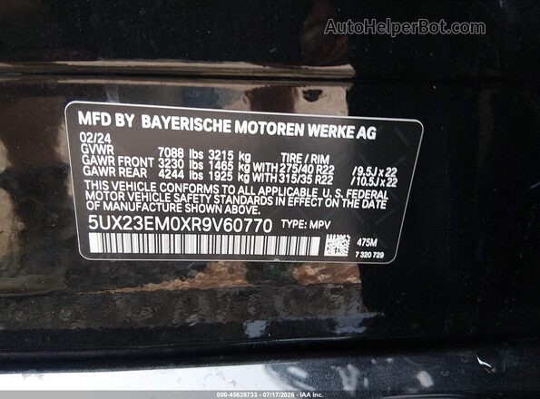 5UX23EM0XR9V60770 2024 BMW X7 Black Вид підкапотного простору