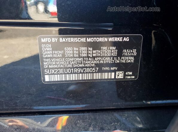 5UX23EU01R9V38057 2024 BMW X5 Black Vista de la etiqueta del VIN