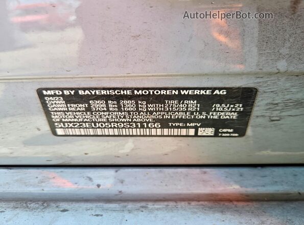 5UX23EU05R9S31166 2024 BMW X5 Gray Vista de la etiqueta del VIN