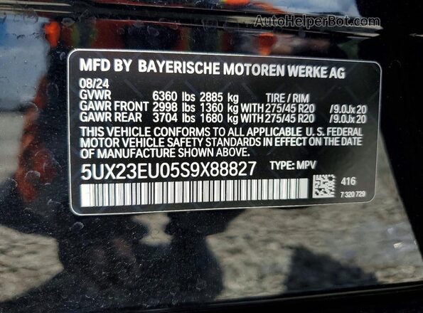 5UX23EU05S9X88827 2025 BMW X5 Blue Vista de la etiqueta del VIN