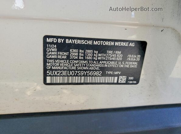 5UX23EU07S9Y56982 2025 BMW X5 White VIN sticker view
