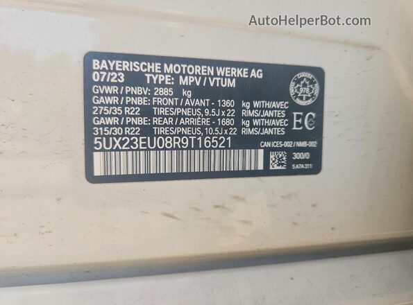 5UX23EU08R9T16521 2024 BMW X5 White VIN კოდის სტიკერის ხედი